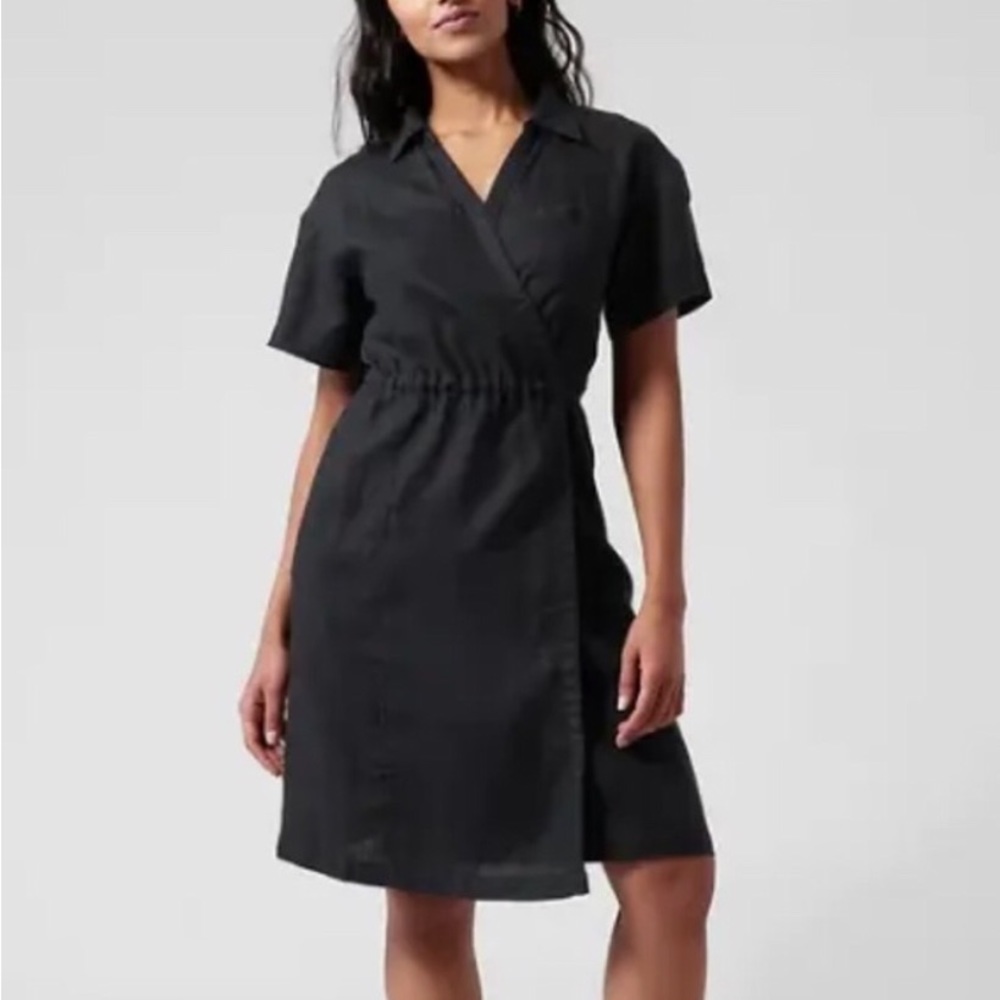 NWT ATHLETA Stylish Black Linen Short Sleeve Playa Wrap Dress-Ladies Size 14